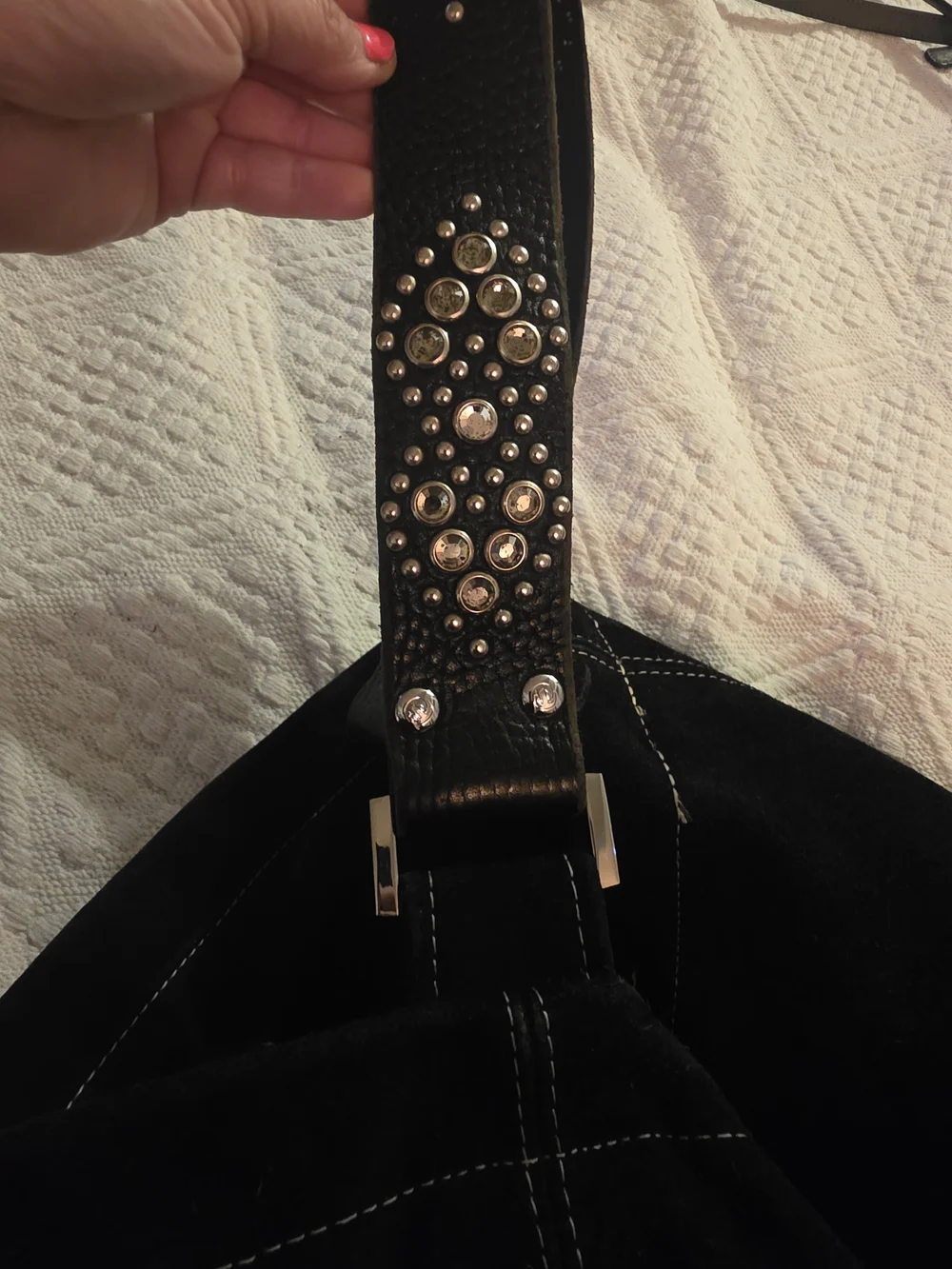 Tylie Malibu Black Suede Shoulder Bag With Embellished Leather Strap